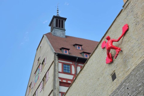 Sculpture Fin Man by Rosalie 2008 at the historic town wall and town hall animal figure