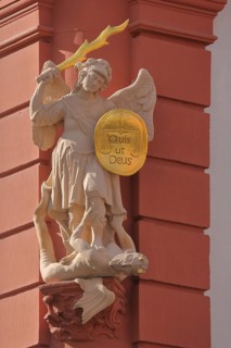 Sculpture Archangel Michael with shield Latin inscription