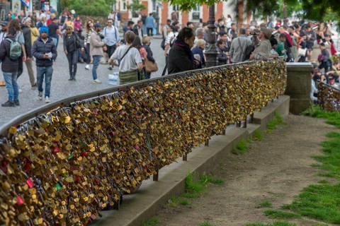 Love locks on the railing in the square in front of the Sacre Coeur Monmartre