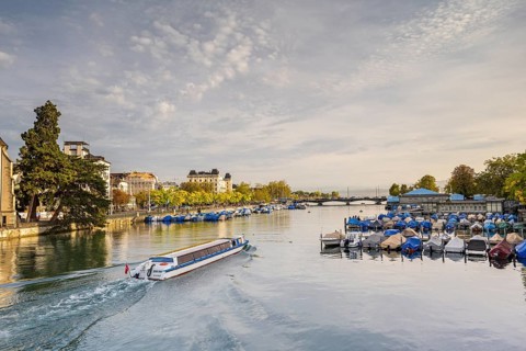 Old Town of Zurich with Quai Bridge and Boats