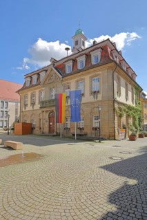 Town hall with German national flag and EU flag at the market place