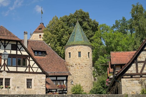 Green Tower and farm buildings below Bebenbausen Monastery