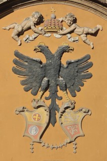 City coat of arms with double eagle angel and two crowns at the town hall