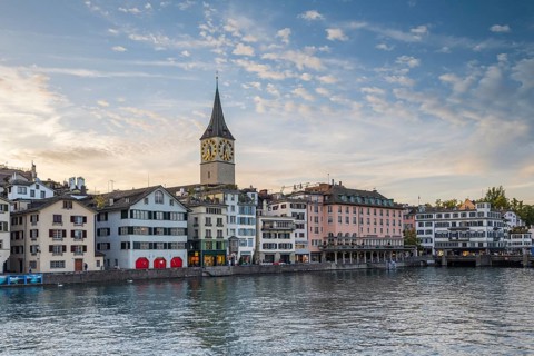 Old Town of Zurich with Church of St. Peter on the Limmat