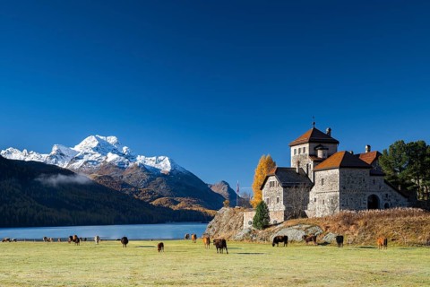 Crap da Sass Castle on Lake Silvaplana near St. Moritz
