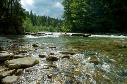 Raging current in the Ammer River near Bad Kohlgrub. Bavaria