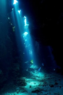 Diver swimming in cave