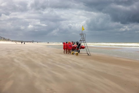 Sand kicked up during storm on the North Sea coast in De Panne