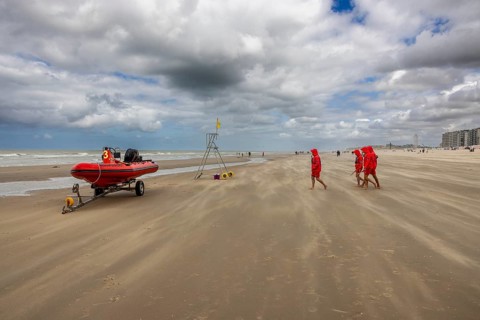 Sand kicked up during storm on the North Sea coast in De Panne