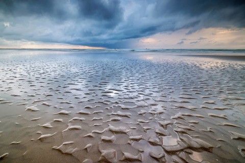 Evening mood with cloudy sky and rain on the beach and in the dunes of De Panne