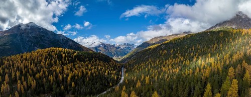Colourful autumn landscape with a view of the Swiss National Park and the Lai dad Ova Spin reservoir