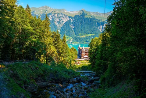 The Historical Grandhotel Giessbach on the Mountain Side with Waterfall in Brienz