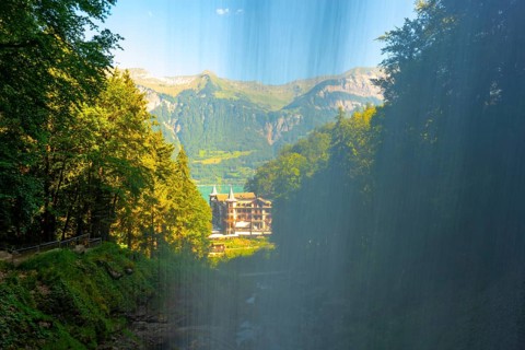 The Historical Grandhotel Giessbach on the Mountain Side Behind the Giessbach Waterfall in Brienz