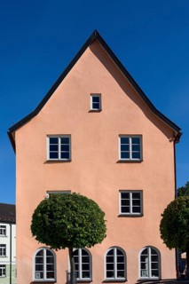 Pointed gable façade in pink with round-cut tree