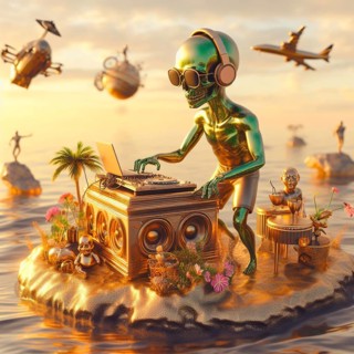 Metallic alien dj with human skull