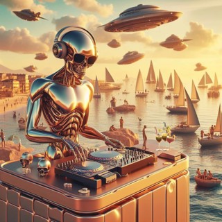 Metallic alien dj with human skull