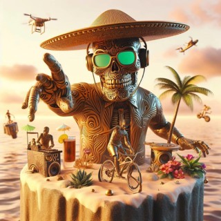 Steampunk skater fashionable cool metallic deejay alien mariachi hosting party in tropical island generative ai art