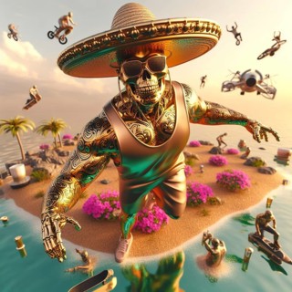 Steampunk skater fashionable cool metallic deejay alien mariachi hosting party in tropical island generative ai art