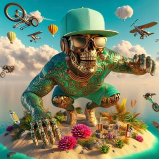 Steampunk skater fashionable cool metallic deejay alien mariachi hosting party in tropical island generative ai art