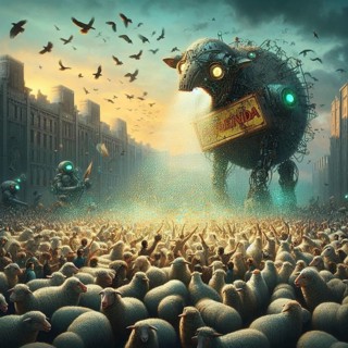 Evil robot monster spilling temptations propaganda orders to hypnotized mass crowd happy and sadgenerative ai art