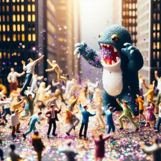 Evil robot monster spilling temptations propaganda orders to hypnotized mass crowd happy and sadgenerative ai art