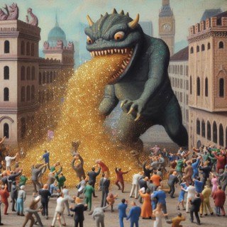 Evil robot monster spilling temptations propaganda orders to hypnotized mass crowd happy and sadgenerative ai art