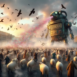 Evil robot monster spilling temptations propaganda orders to hypnotized mass crowd happy and sadgenerative ai art