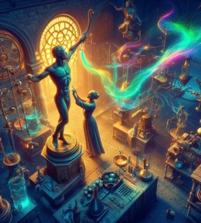 Artist making scultpure in medieval steampunk laboratory generative ai art