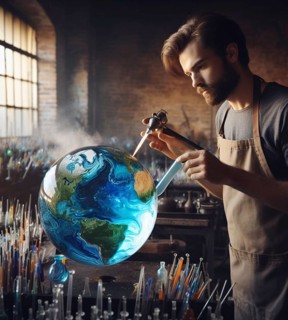 Steampunk magician artisan god mechanic in lab check repair planet health as earth day concept illustration generative ai art