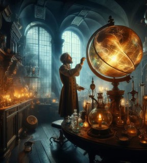 Steampunk magician artisan god mechanic in lab check repair planet health as earth day concept illustration generative ai art