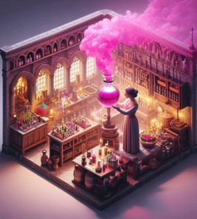 Artisan perfume potion maker pharmacist preparing product in medieval steampunk laboratory generative ai art
