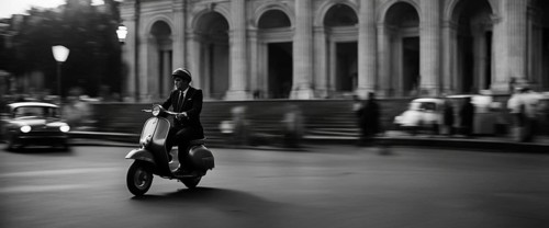 Italian elegant man wearing suit and tie driving moped vintage scooter in Rome Italy at sunset traditional urban scene