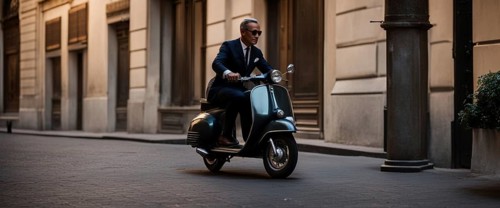 Italian elegant man wearing suit and tie driving moped vintage scooter in Rome Italy at sunset traditional urban scene