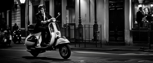 Italian elegant man wearing suit and tie driving moped vintage scooter in Rome Italy at sunset traditional urban scene