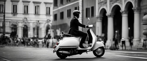 Italian elegant man wearing suit and tie driving moped vintage scooter in Rome Italy at sunset traditional urban scene
