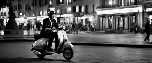 Italian elegant man wearing suit and tie driving moped vintage scooter in Rome Italy at sunset traditional urban scene
