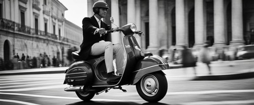 Italian elegant man wearing suit and tie driving moped vintage scooter in Rome Italy at sunset traditional urban scene