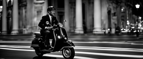 Italian elegant man wearing suit and tie driving vespa moped vintage scooter in Rome Italy at sunset traditional urban night scene