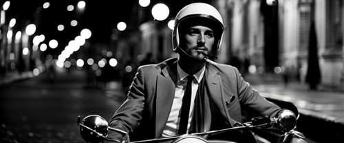 Italian elegant man wearing suit and tie driving vespa moped vintage scooter in Rome Italy at sunset traditional urban scene