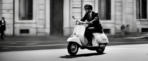 Italian elegant man wearing suit and tie driving vespa moped vintage scooter in Rome Italy at sunset traditional urban scene