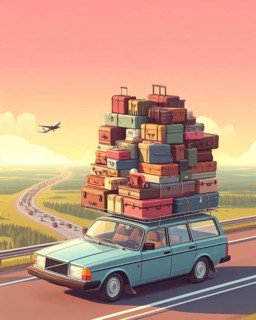 Huge luggage load pile of bags suitcases trolleys and holiday items on vintage 70s 80s vintage retro european swedish station wagon rack roof