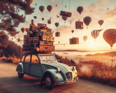 Huge Stack luggage on vintage french car roof of nomad life