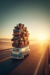 Huge load pile luggage on roof of vintage retro car van t1 german combi transporter
