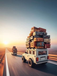 Huge luggage load pile on rack roof of fast flying 4x4 jeep with offroad big wheels