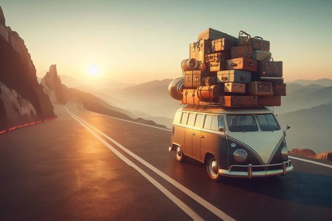 Huge load pile luggage on roof of speeding vintage retro car van t1 german combi transporter