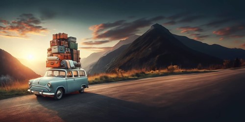 Huge luggage pile on vintage suv station car roof