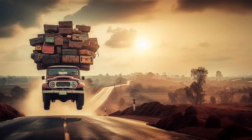 Huge luggage load pile on rack roof of fast flying 4x4 retro vintage jeep with offroad big wheels