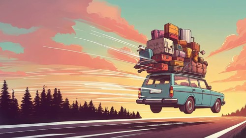 Huge luggage load pile of bags suitcases trolleys and holiday items on vintage 70s 80s vintage retro european swedish station wagon rack roof
