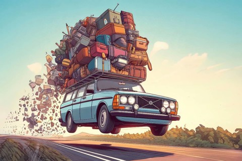Huge luggage load pile of bags suitcases trolleys and holiday items on vintage 70s 80s vintage retro european swedish station wagon rack roof
