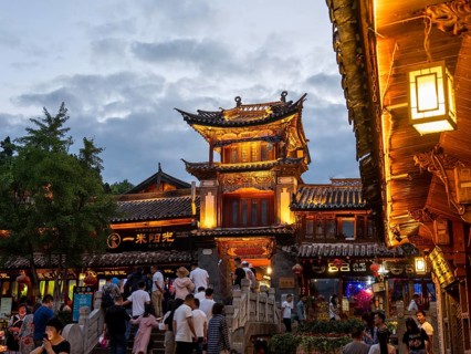 Old illuminated Chinese wooden houses